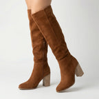 Women's Knee-High Boots with Block Heel and Side Zip - Brown