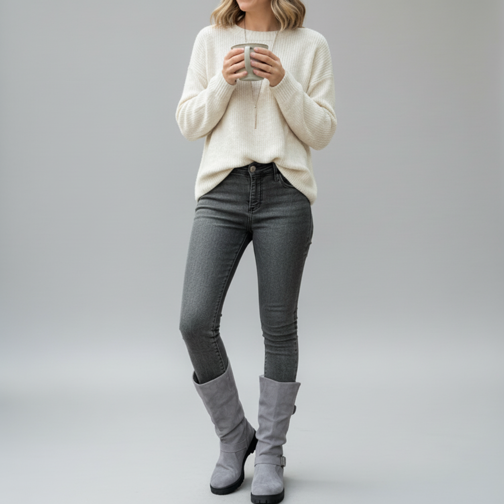 Women's Ankle Boots with Knit Cuff and Buckle Detail - 8