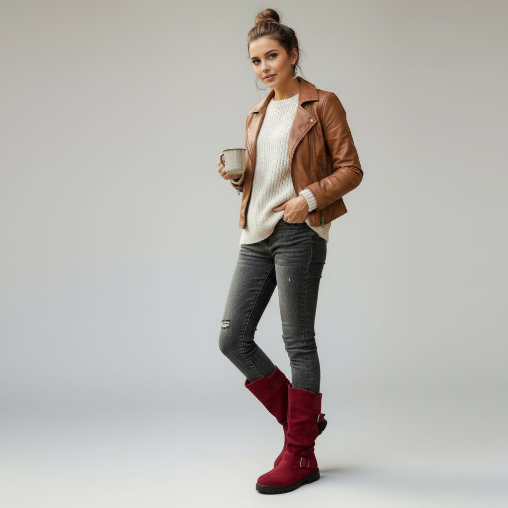 Women's Ankle Boots with Knit Cuff and Buckle Detail - 5