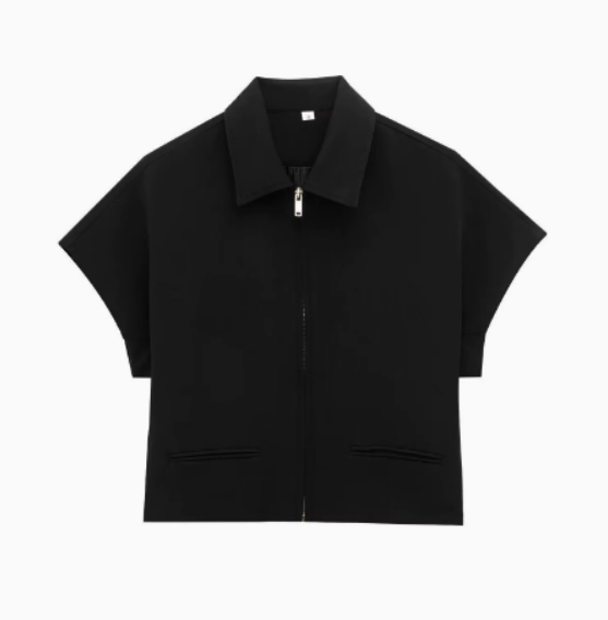 Women's Cropped Jacket with Zip and Lapel Collar - Black