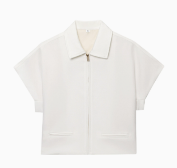 Women's Cropped Jacket with Zip and Lapel Collar - White