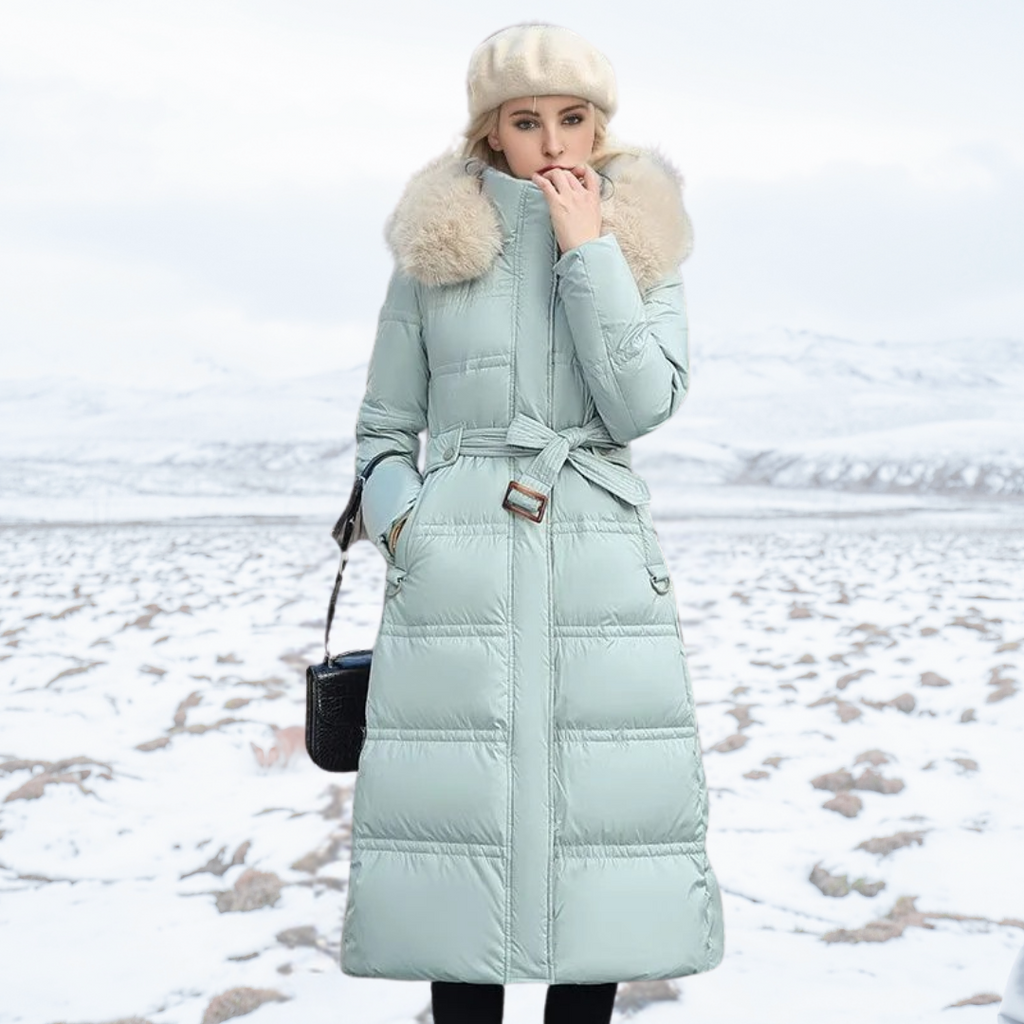 Lucia | Designer Winter Parka with Fur Hood - Blue and White