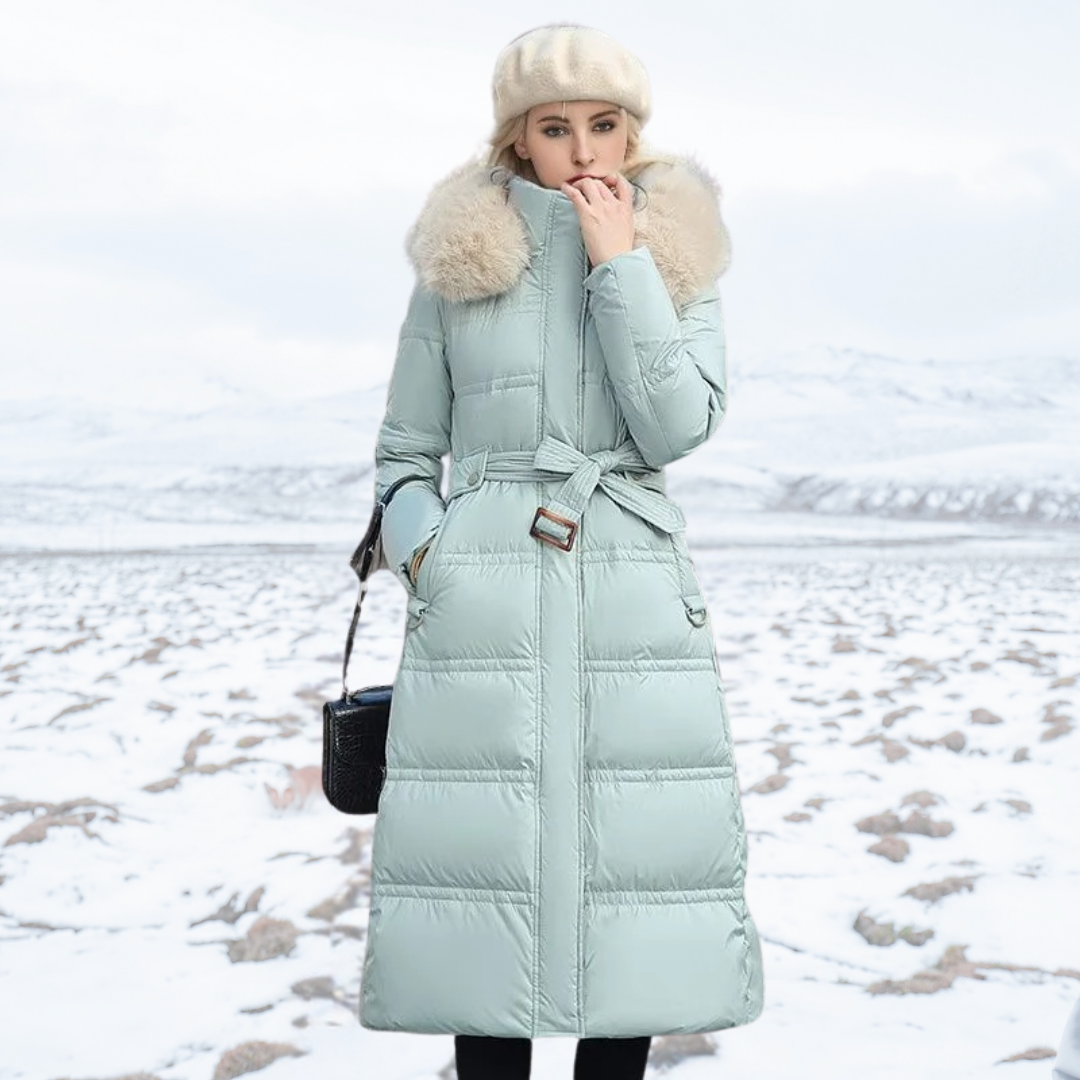 Lucia | Designer Winter Parka with Fur Hood - Blue and White