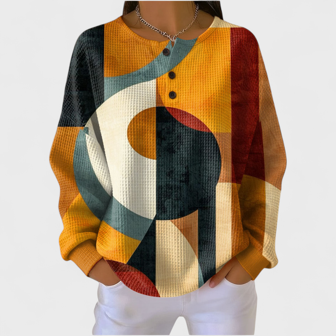 Women's Jumper with Geometric Print and Button Placket - Orange