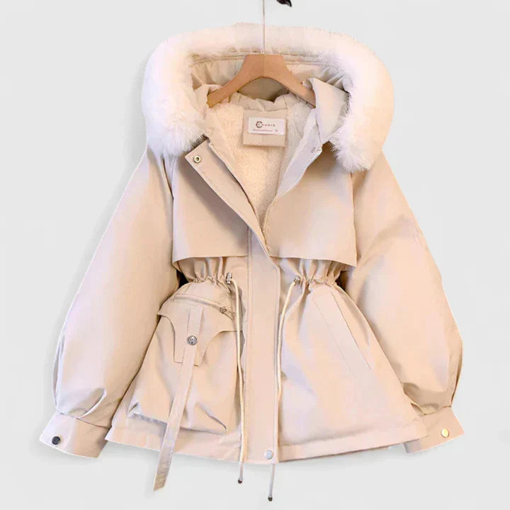 Women's Padded Jacket with Faux Fur Hood and Drawstring Waist - White