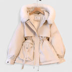 Women's Padded Jacket with Faux Fur Hood and Drawstring Waist - White