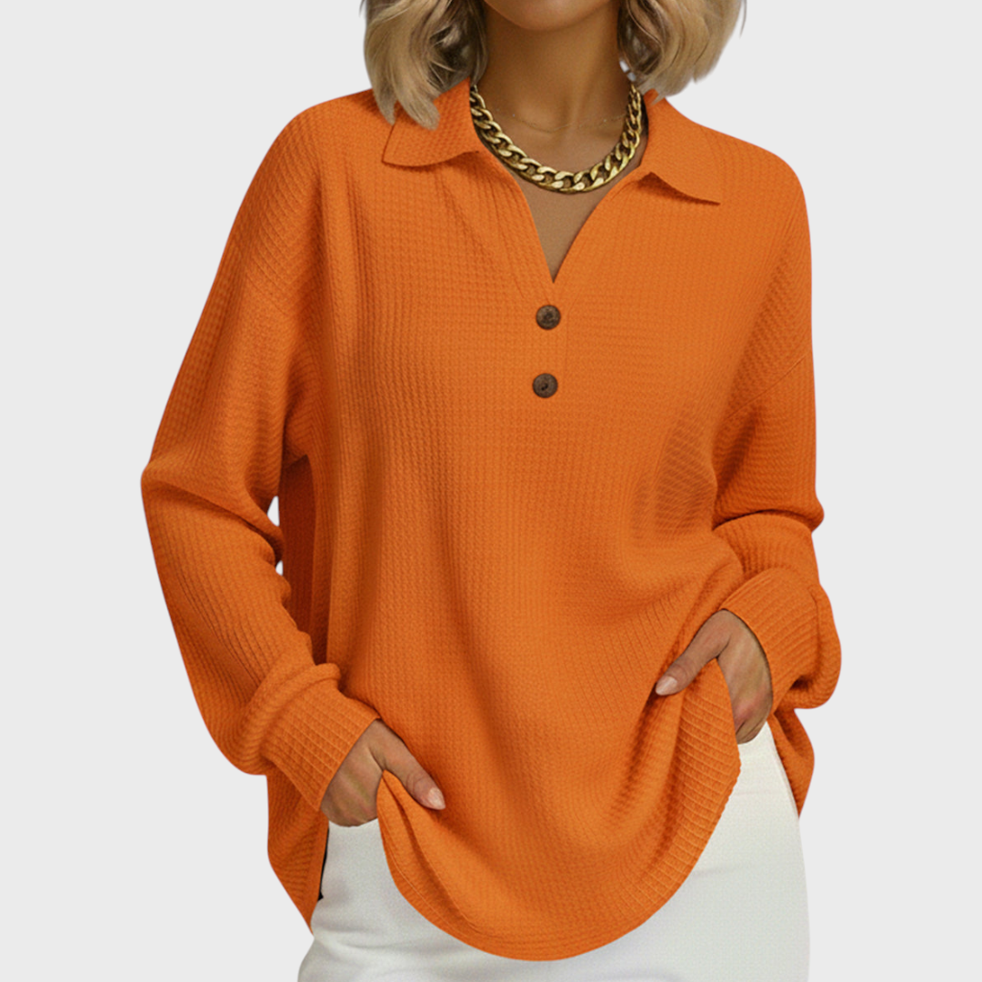 Women's Jumper with Collar and Button Placket - Orange