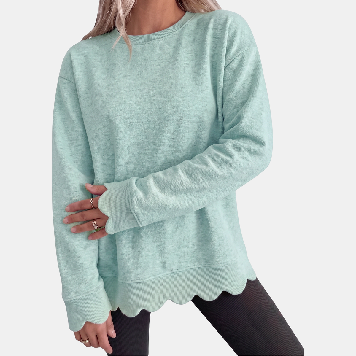 Women's Scallop Hem Crewneck Oversized Sweatshirt - Lemon Green