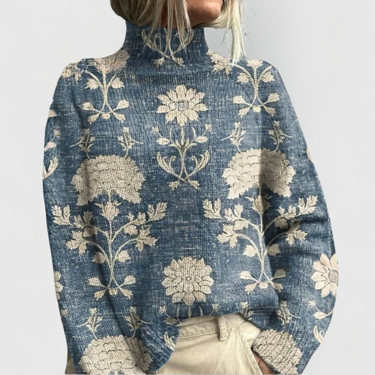 Women's Roll Neck Jumper with Floral Print and Ribbed Trim - Light Blue