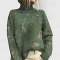 Women's Roll Neck Jumper with Floral Print and Ribbed Trim - Green