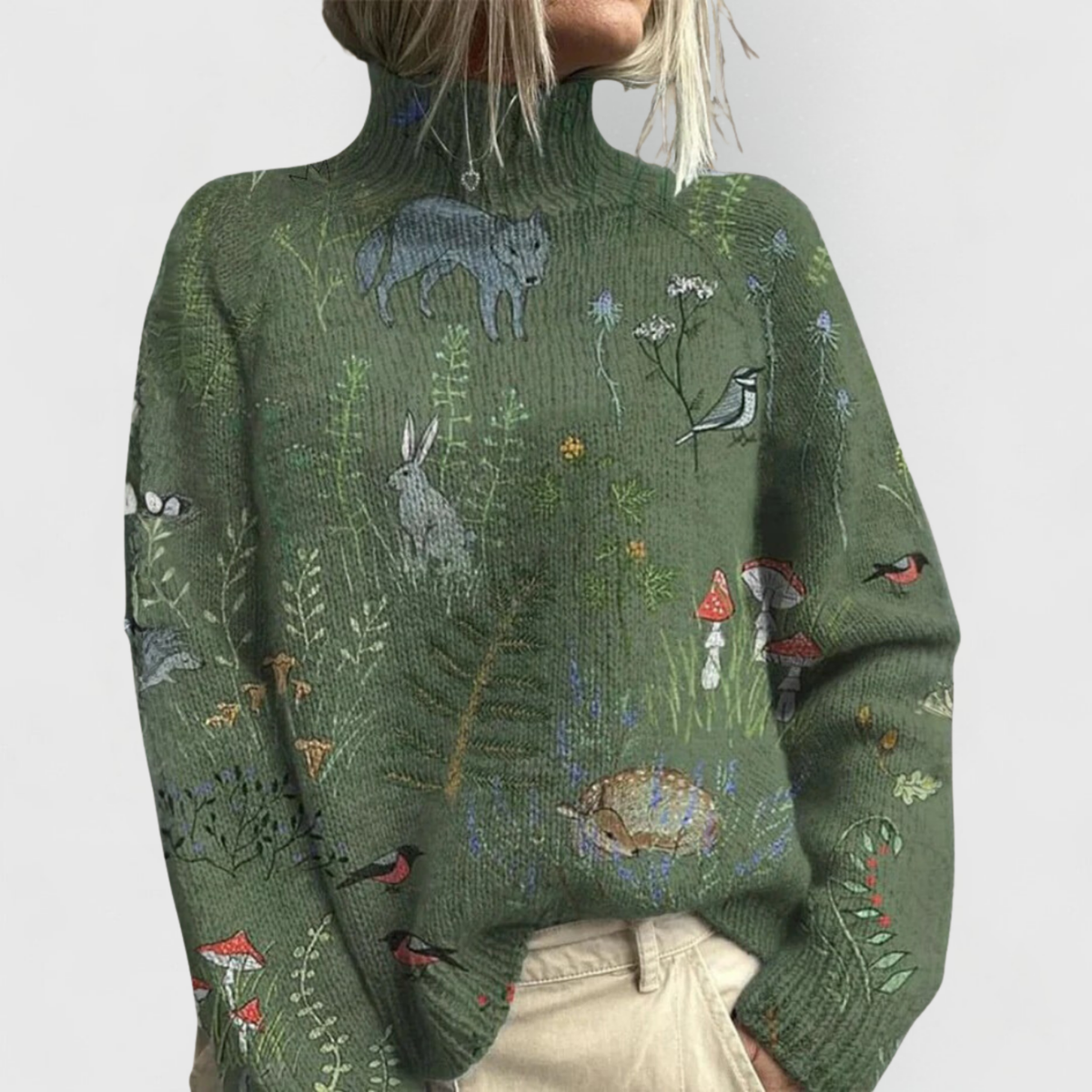 Women's Roll Neck Jumper with Floral Print and Ribbed Trim - Green