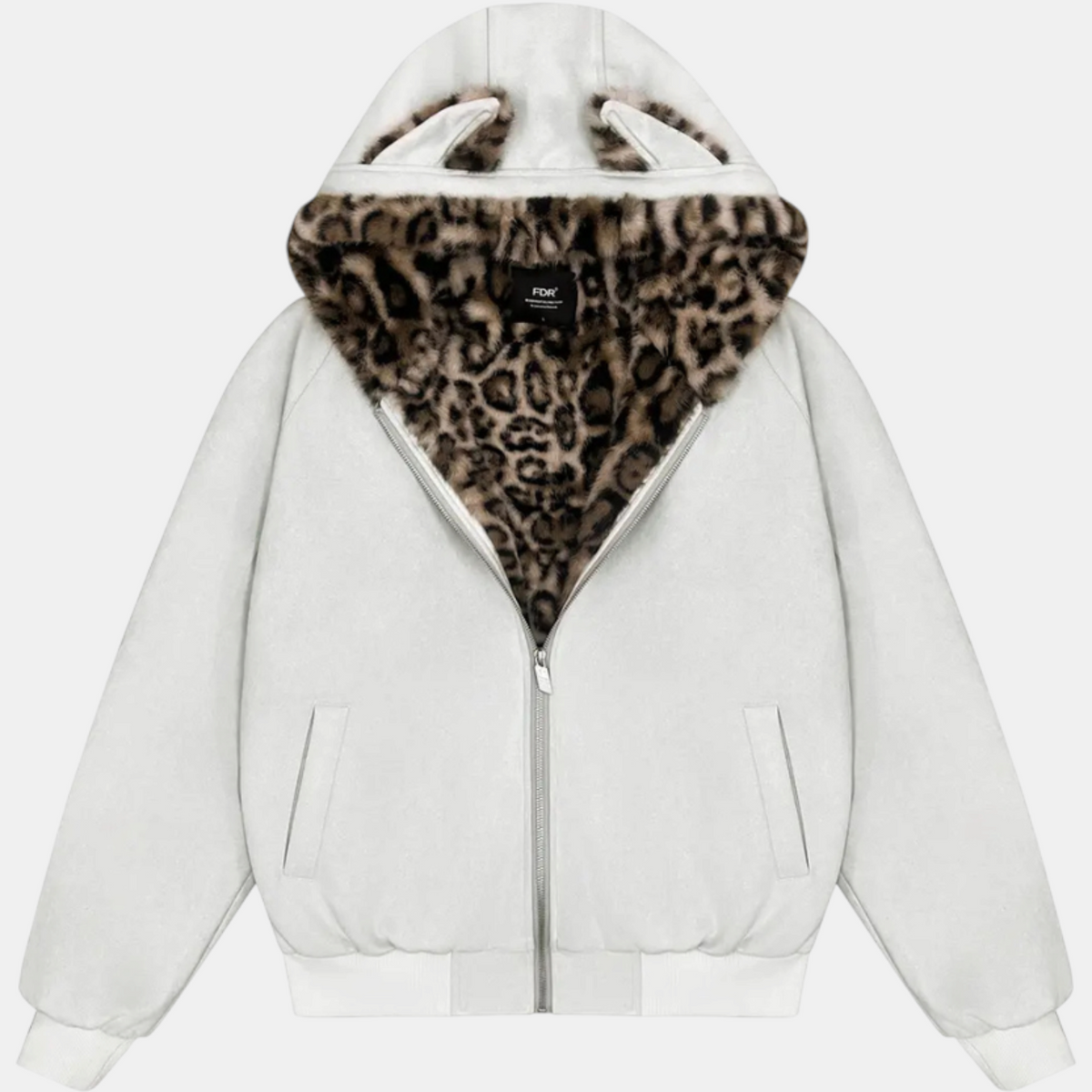 Women's Faux Fur Lined Bomber Jacket with Cat Ear Hood - Leopard Fur Beige