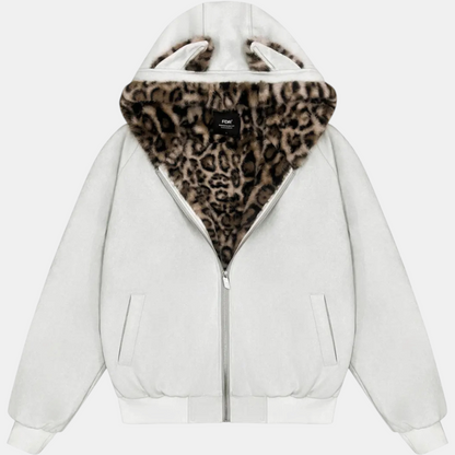 Women's Faux Fur Lined Bomber Jacket with Cat Ear Hood - Leopard Fur Beige