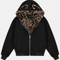 Women's Faux Fur Lined Bomber Jacket with Cat Ear Hood - Leopard Fur Black