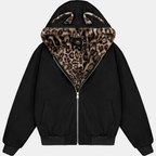 Women's Faux Fur Lined Bomber Jacket with Cat Ear Hood - Leopard Fur Black