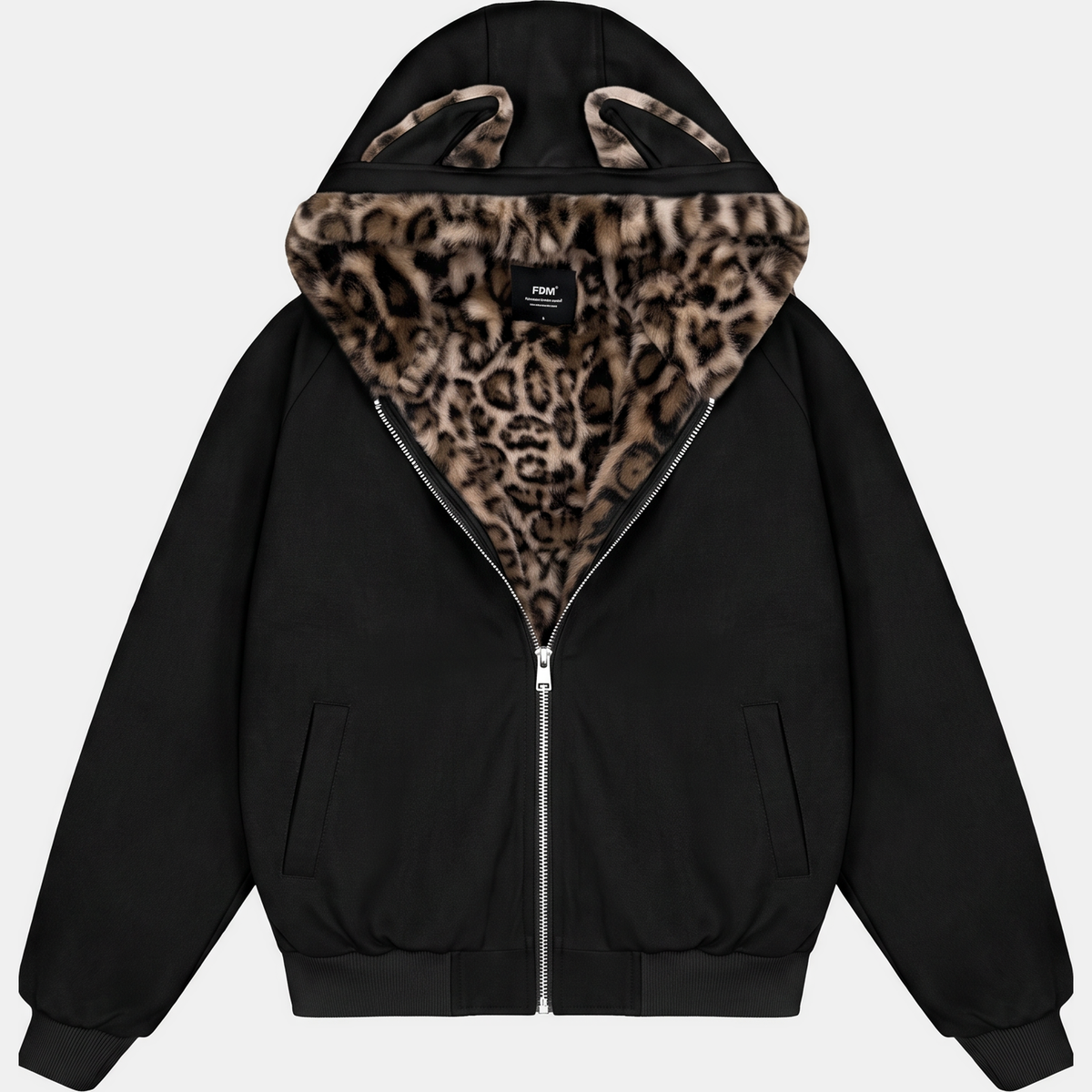 Women's Faux Fur Lined Bomber Jacket with Cat Ear Hood - Leopard Fur Black