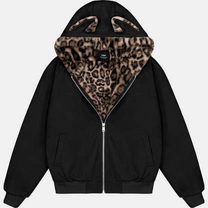 Women's Faux Fur Lined Bomber Jacket with Cat Ear Hood - Leopard Fur Black