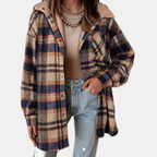 Women's Flannel Hooded Check Shacket Fleece Lined Coat - Light French Beige