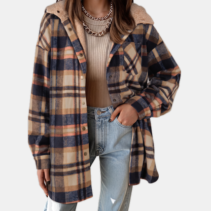 Women's Flannel Hooded Check Shacket Fleece Lined Coat - Light French Beige