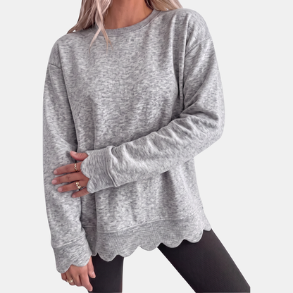 Women's Scallop Hem Crewneck Oversized Sweatshirt - Light Gray