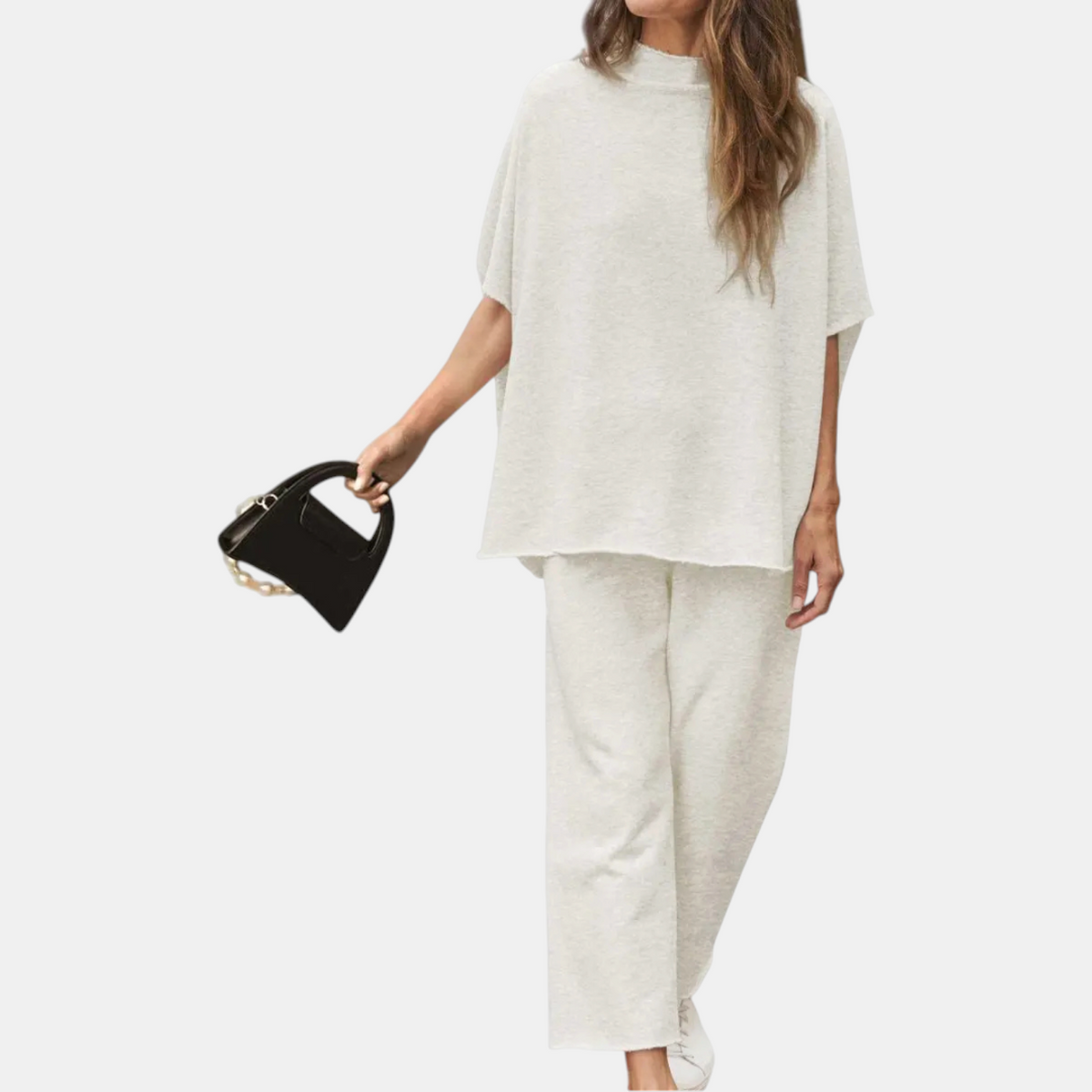 Women's Mock Neck Lounge Set Wide Leg Cropped Trousers - Light Gray