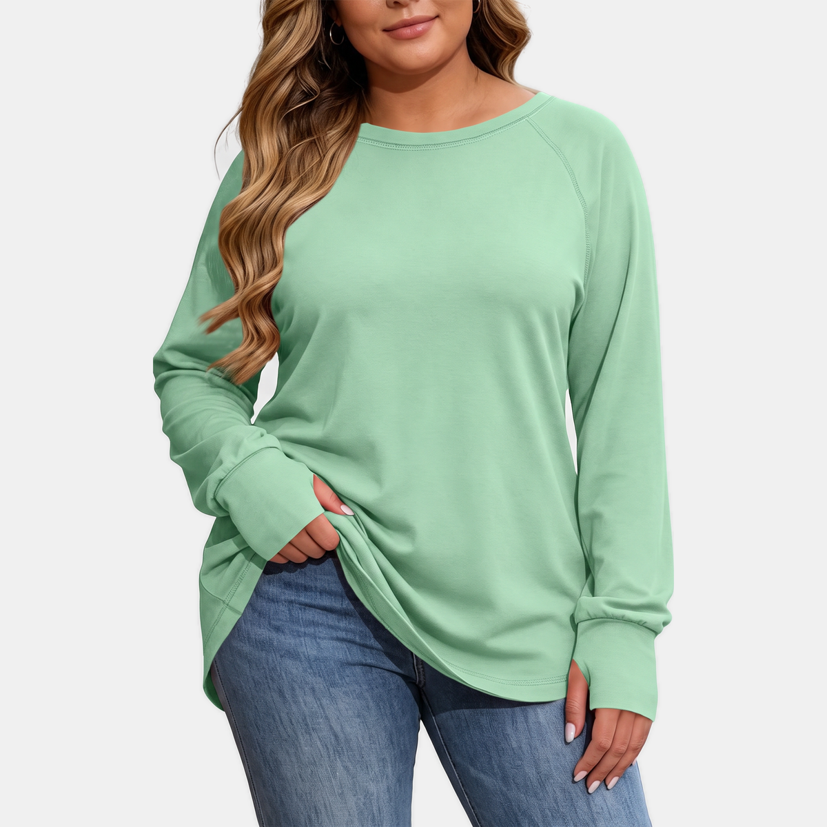 Women's Crewneck Thumb Hole Oversized Tunic Top - Light Green