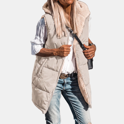 Women's Reversible Puffer Gilet Sherpa Lined Hooded Sleeveless Coat - Light Khaki