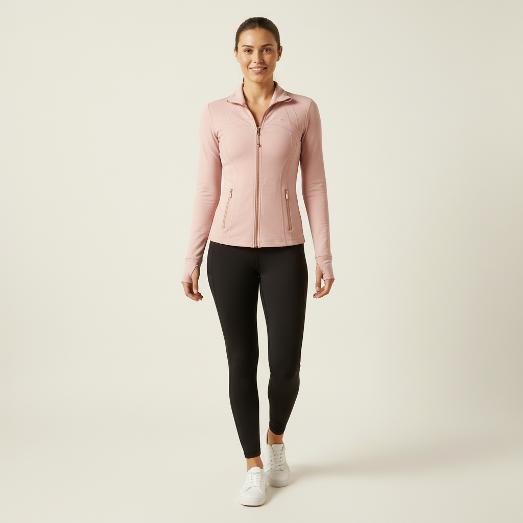Women's Sports Jacket Long Sleeve with Full Zip and Stand Collar - Light Pink