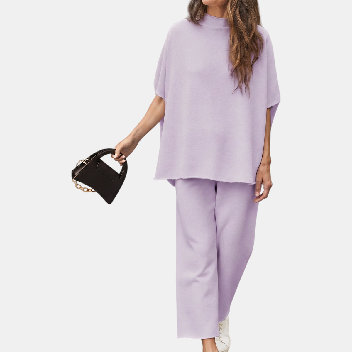 Women's Mock Neck Lounge Set Wide Leg Cropped Trousers - Light Purple