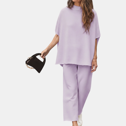 Women's Mock Neck Lounge Set Wide Leg Cropped Trousers - Light Purple