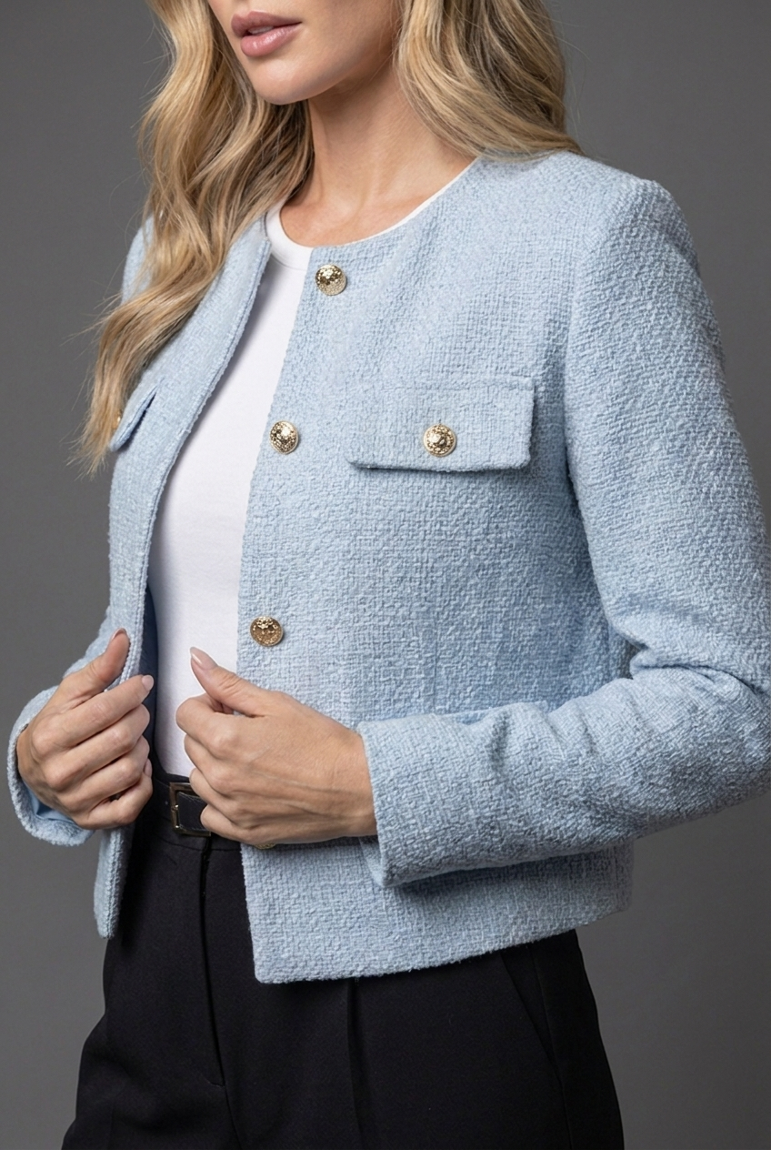 Women's Cropped Blazer Jacket with Round Neck and Textured Finish - 4