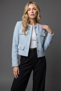 Women's Cropped Blazer Jacket with Round Neck and Textured Finish - Light Blue