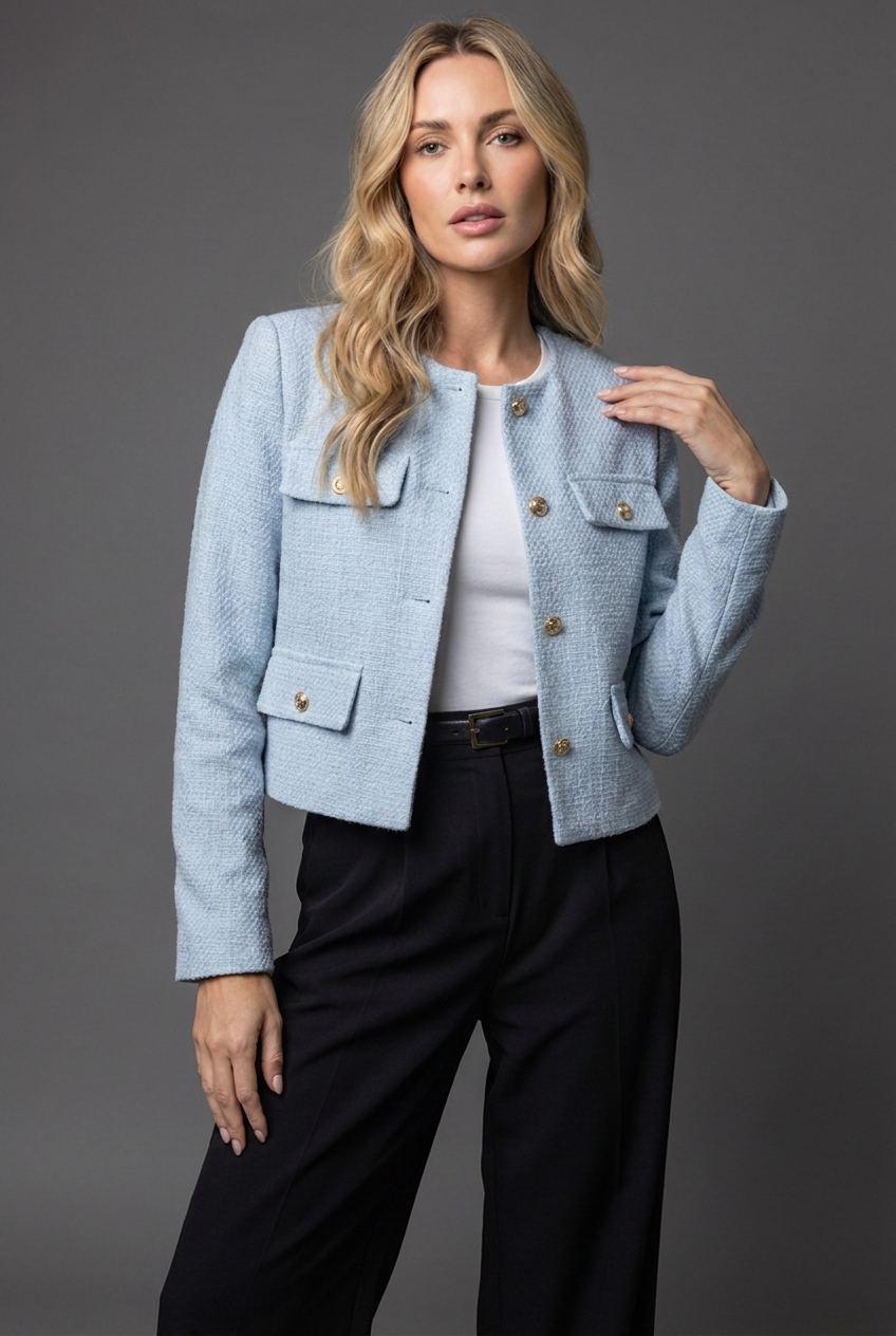 Women's Cropped Blazer Jacket with Round Neck and Textured Finish - Light Blue