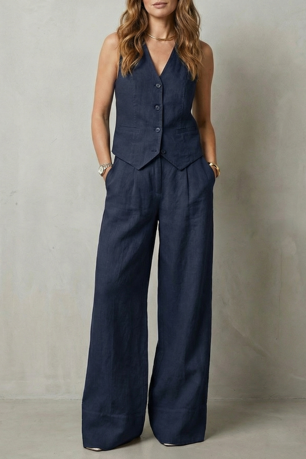 Women's Tailored Vest and Wide-Leg Trouser Set Sleeveless with V-Neck - Navy