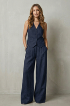 Women's Tailored Vest and Wide-Leg Trouser Set Sleeveless with V-Neck - 16