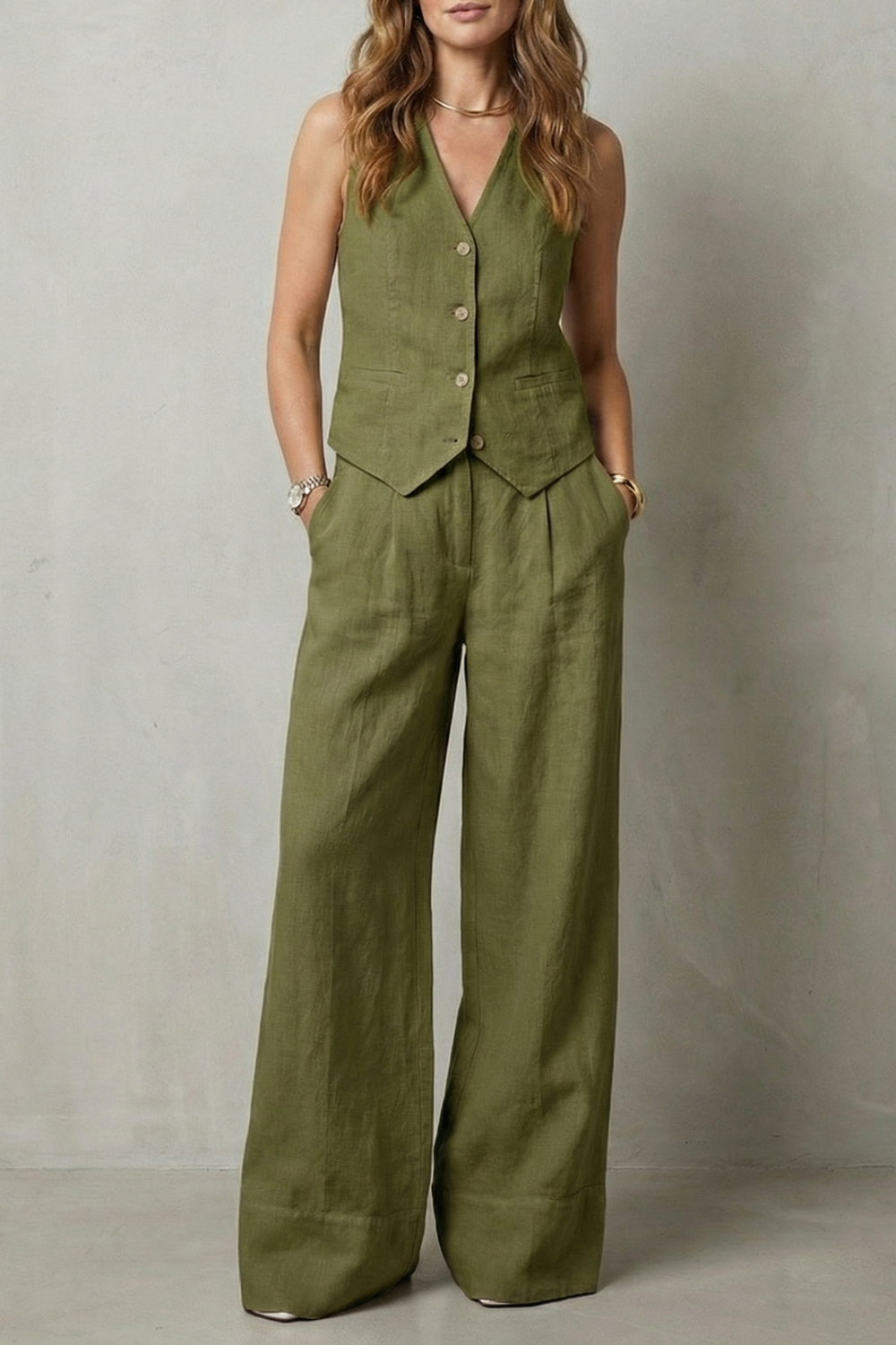Women's Tailored Vest and Wide-Leg Trouser Set Sleeveless with V-Neck - Green