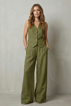 Women's Tailored Vest and Wide-Leg Trouser Set Sleeveless with V-Neck - 14