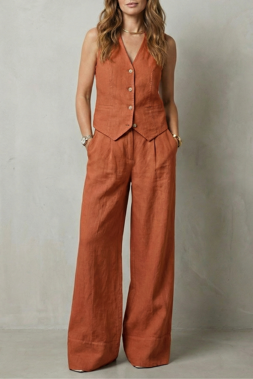 Women's Tailored Vest and Wide-Leg Trouser Set Sleeveless with V-Neck - Red