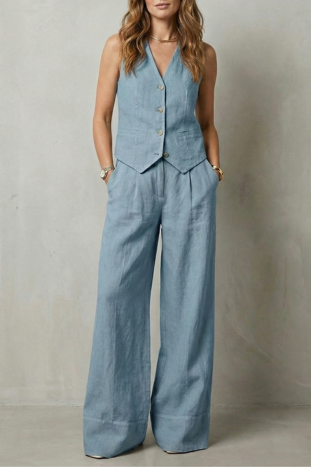 Women's Tailored Vest and Wide-Leg Trouser Set Sleeveless with V-Neck - Blue