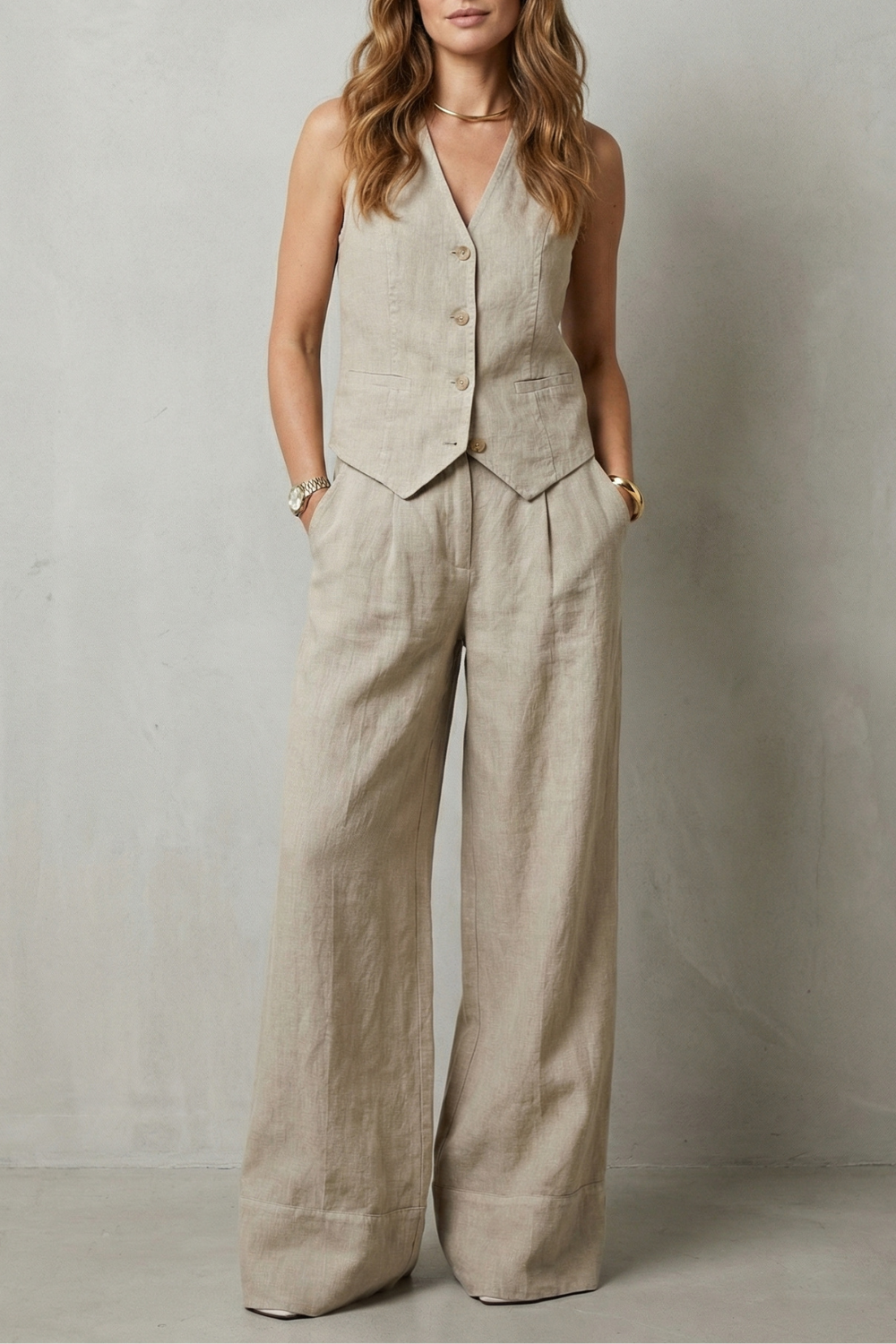 Women's Tailored Vest and Wide-Leg Trouser Set Sleeveless with V-Neck - 3