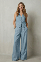 Women's Tailored Vest and Wide-Leg Trouser Set Sleeveless with V-Neck - 18