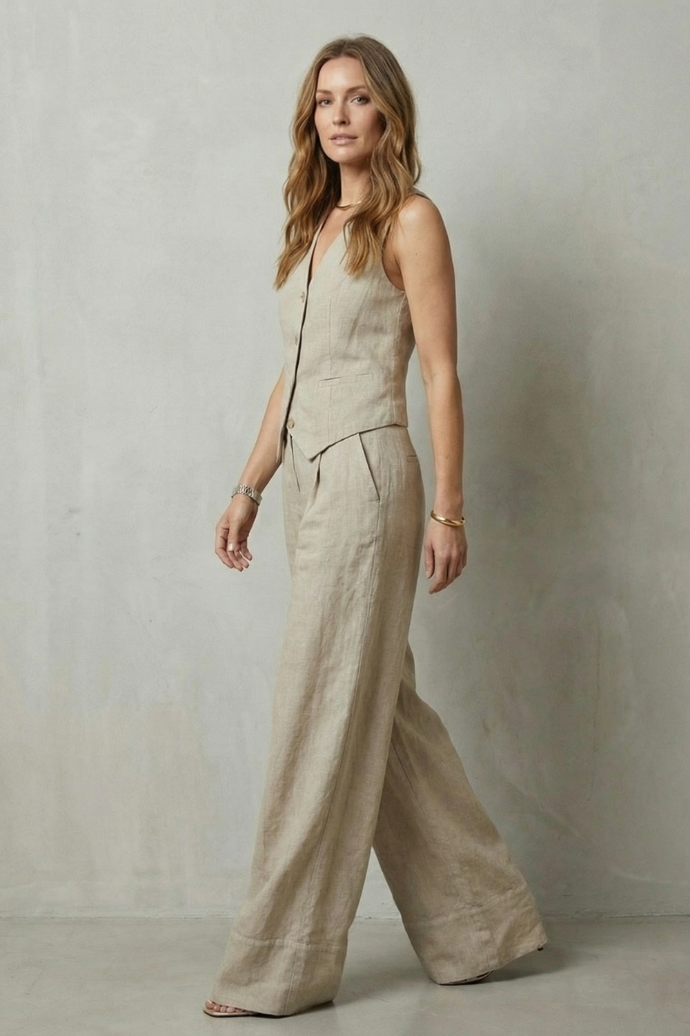 Women's Tailored Vest and Wide-Leg Trouser Set Sleeveless with V-Neck - 5