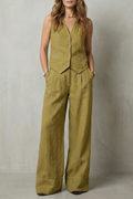 Women's Tailored Vest and Wide-Leg Trouser Set Sleeveless with V-Neck - Olive Green
