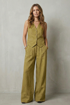 Women's Tailored Vest and Wide-Leg Trouser Set Sleeveless with V-Neck - 6