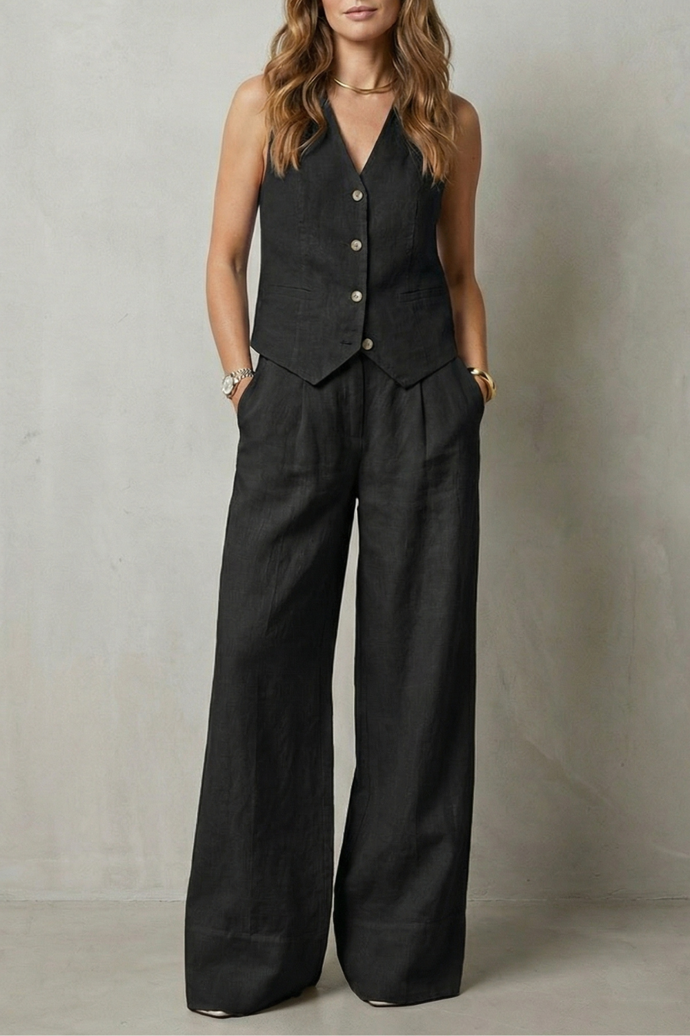 Women's Tailored Vest and Wide-Leg Trouser Set Sleeveless with V-Neck - 9