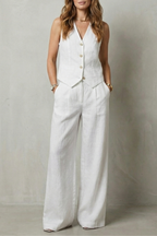 Women's Tailored Vest and Wide-Leg Trouser Set Sleeveless with V-Neck - White