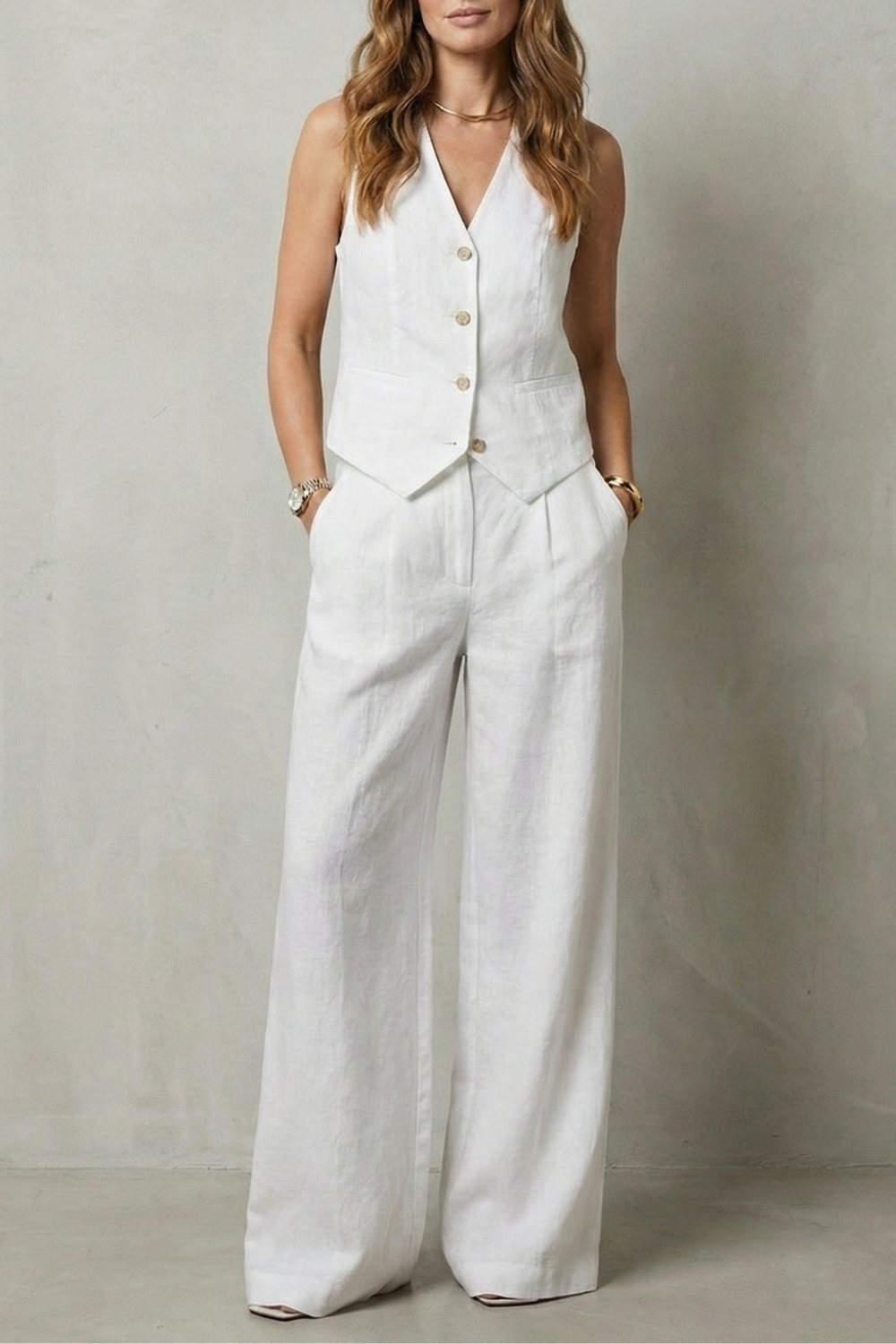 Women's Tailored Vest and Wide-Leg Trouser Set Sleeveless with V-Neck - White