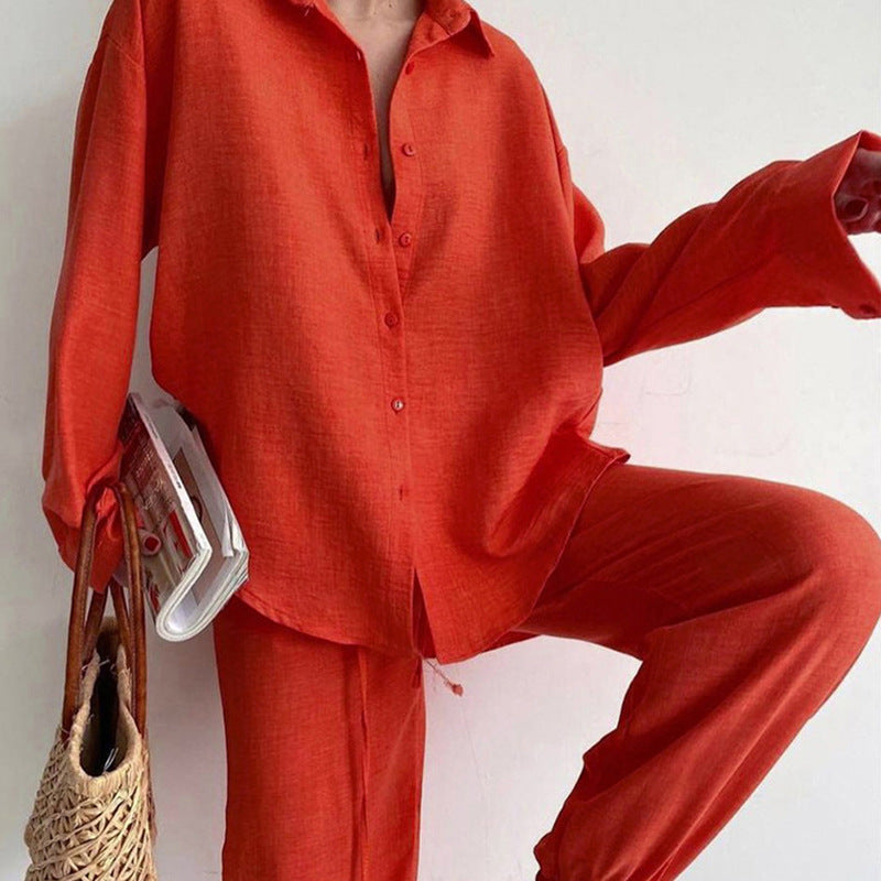 Women's Relaxed Blouse and Wide Leg Trousers Co-ord Set - Orange