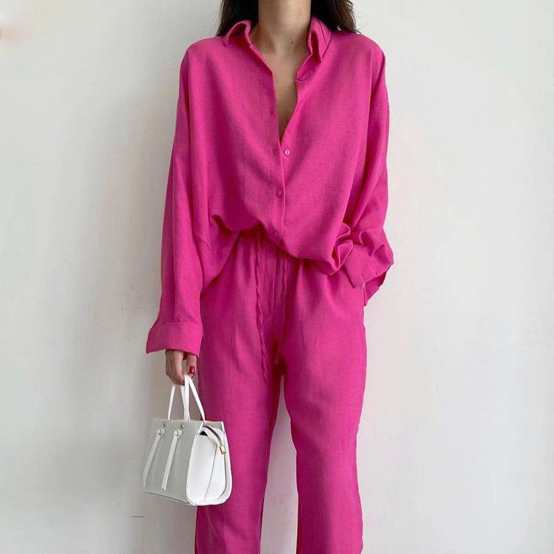 Women's Relaxed Blouse and Wide Leg Trousers Co-ord Set - Pink