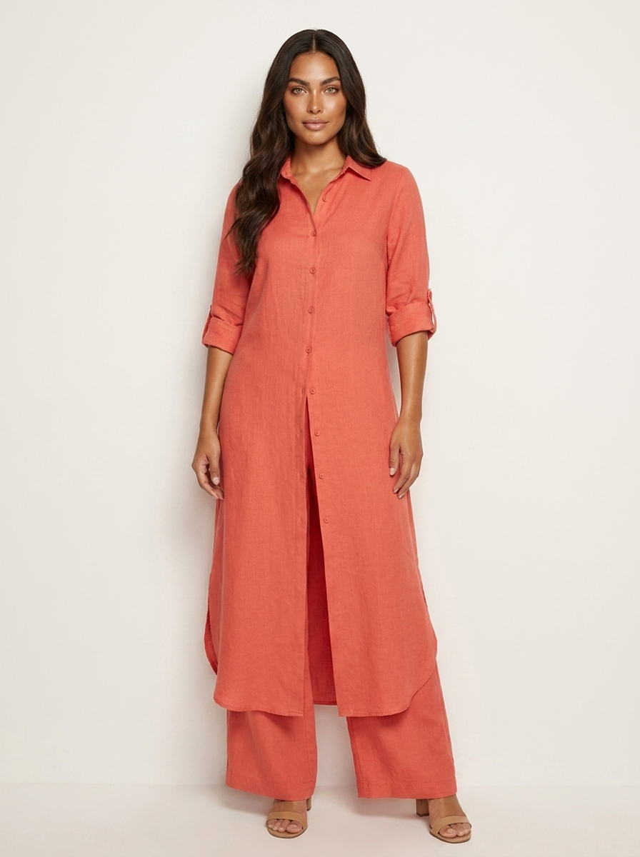 Women's Longline Shirt and Wide Leg Trousers Set - Red